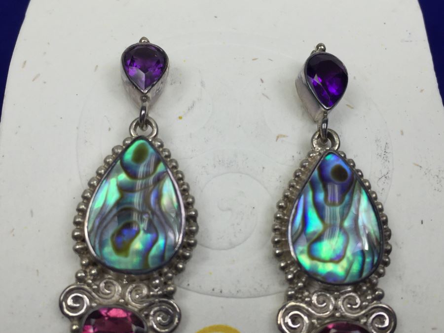 Sajen Sterling Silver Pierced Earrings With Abalone, Amethyst And Garnet [Photo 7]