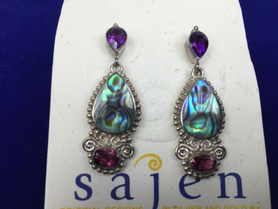 Sajen Sterling Silver Pierced Earrings With Abalone, Amethyst And Garnet [Photo 4]