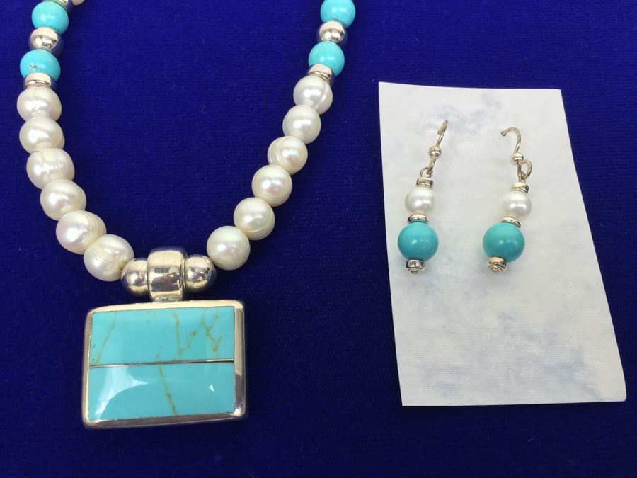 Sterling Silver And Turquoise Pendant With Freshwater Pearls, Turquoise And Sterling Silver Necklace [Photo 2]