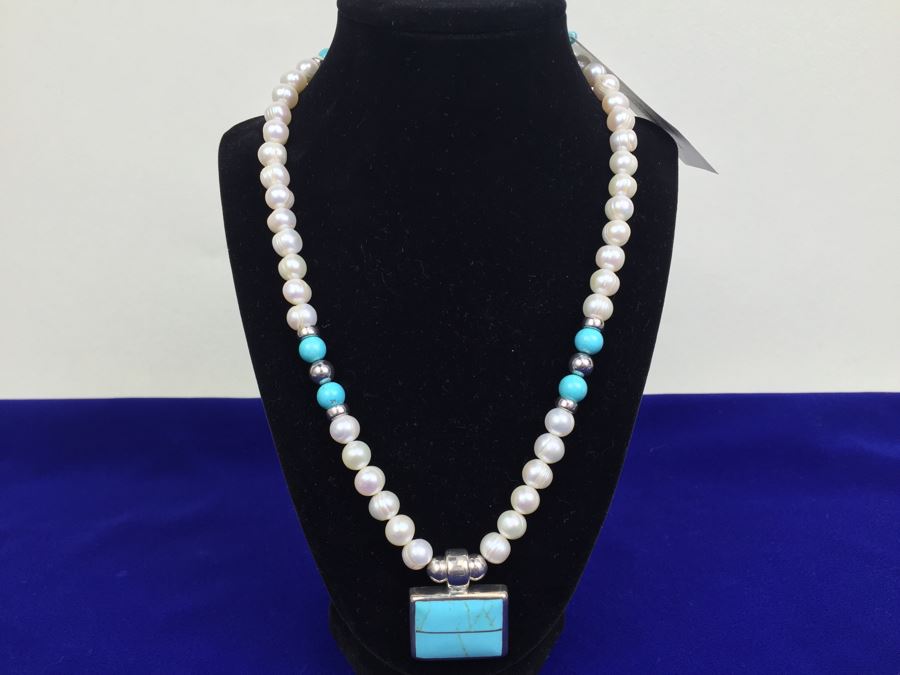 Sterling Silver And Turquoise Pendant With Freshwater Pearls, Turquoise And Sterling Silver Necklace [Photo 1]