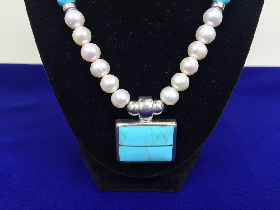 Sterling Silver And Turquoise Pendant With Freshwater Pearls, Turquoise And Sterling Silver Necklace [Photo 4]