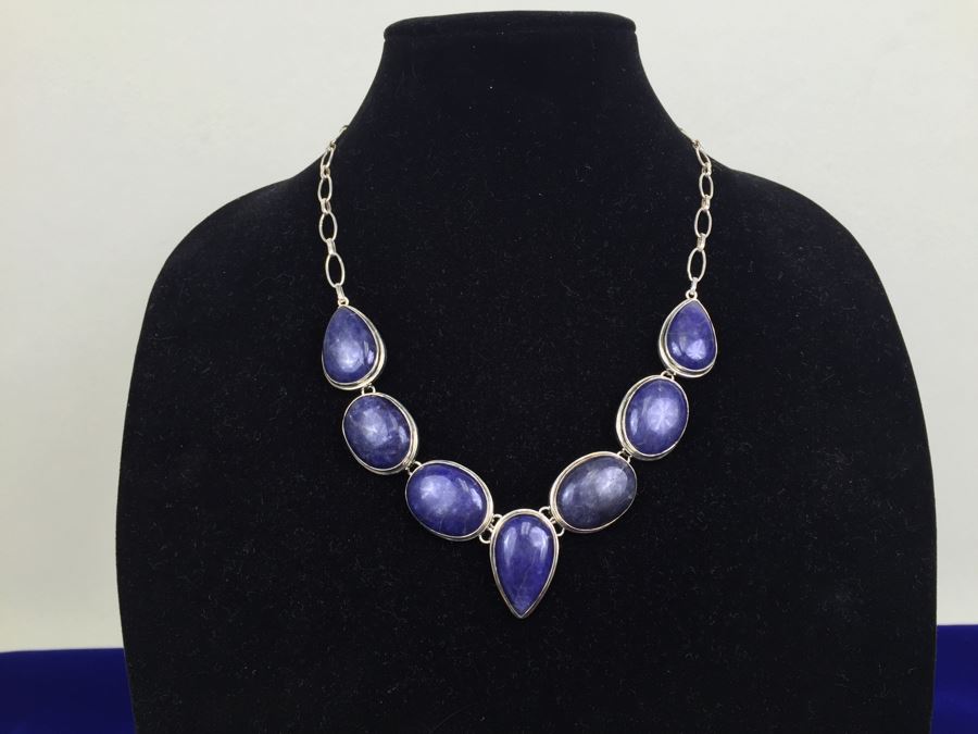 Genuine Blue Moonstone And Sterling Silver Necklace And Matching Earrings