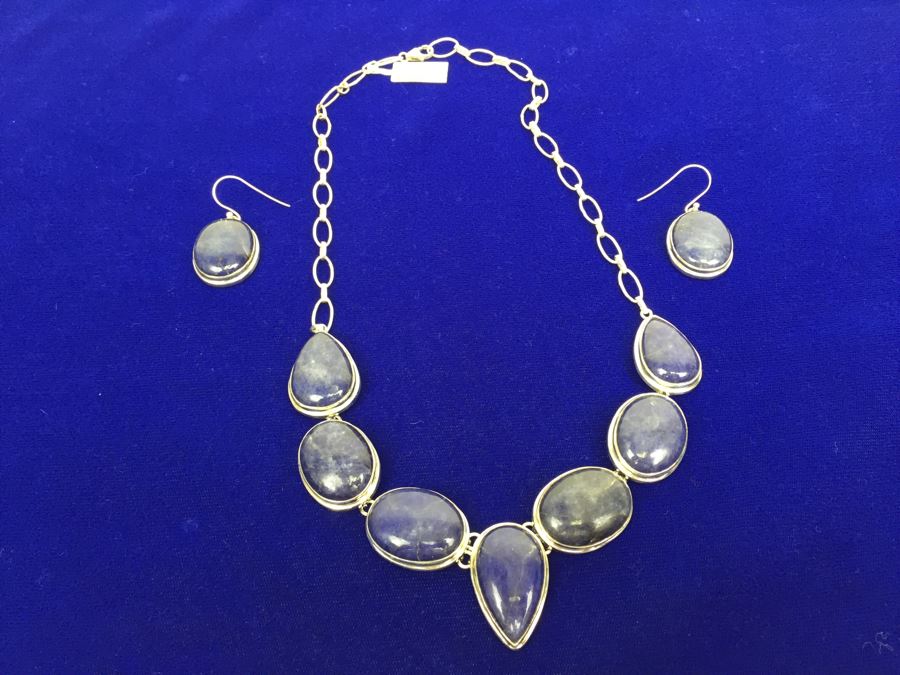 Genuine Blue Moonstone And Sterling Silver Necklace And Matching Earrings [Photo 2]