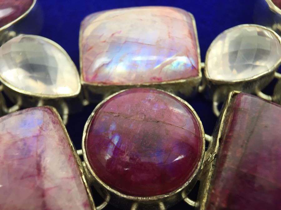 Statement Piece - Sterling Silver Moonstone And Rose Quartz Necklace With Matching Earrings [Photo 13]