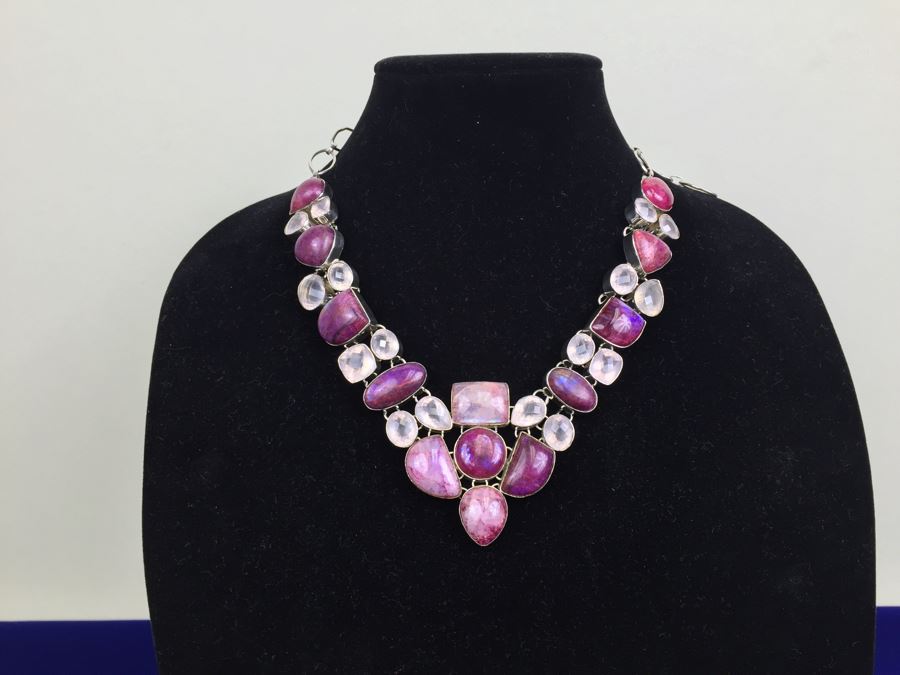 Statement Piece - Sterling Silver Moonstone And Rose Quartz Necklace With Matching Earrings [Photo 5]
