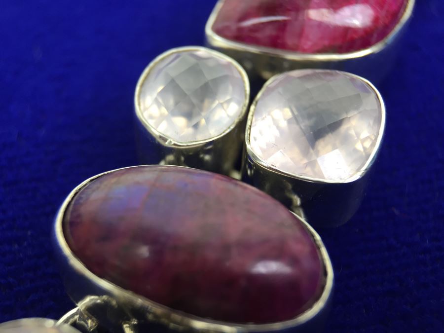 Statement Piece - Sterling Silver Moonstone And Rose Quartz Necklace With Matching Earrings [Photo 24]