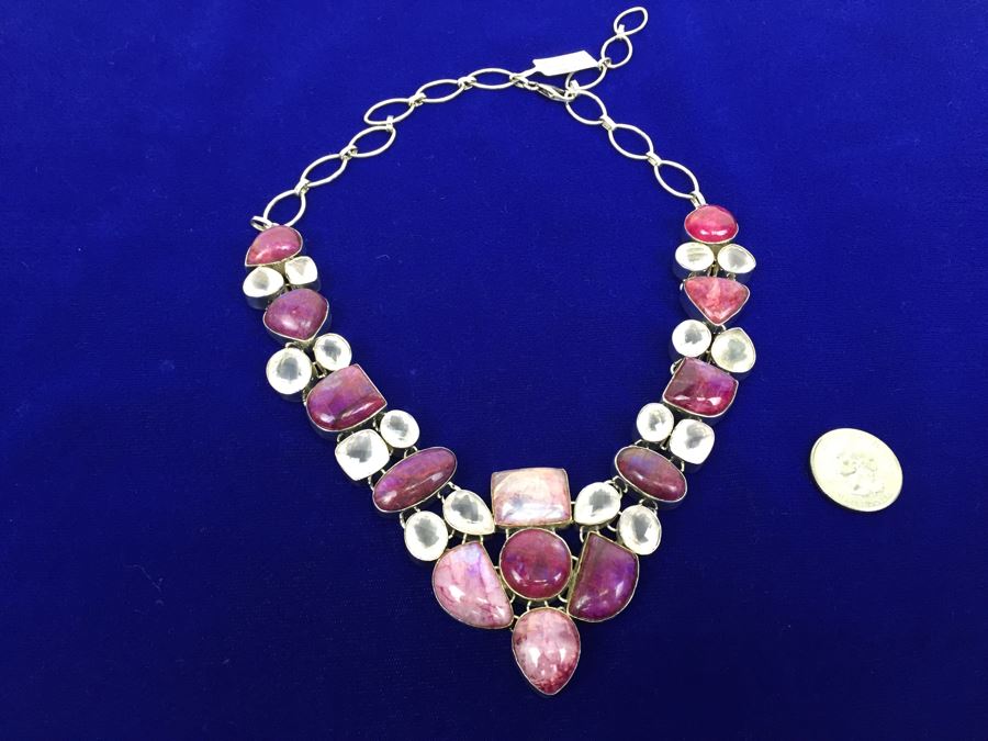 Statement Piece - Sterling Silver Moonstone And Rose Quartz Necklace With Matching Earrings [Photo 6]