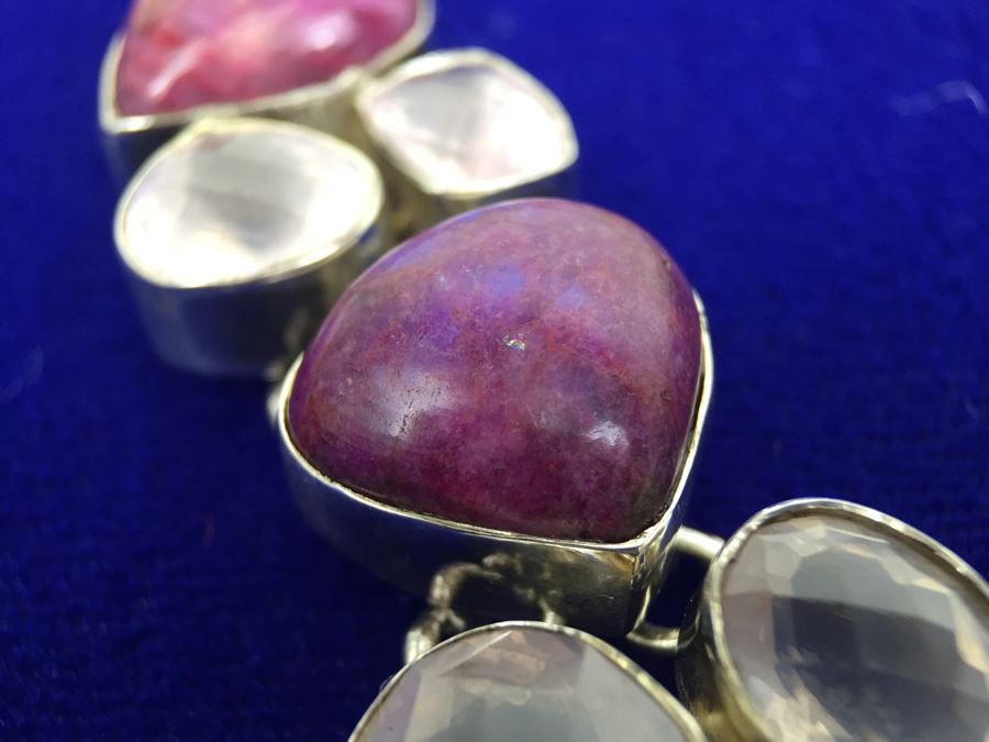 Statement Piece - Sterling Silver Moonstone And Rose Quartz Necklace With Matching Earrings [Photo 21]