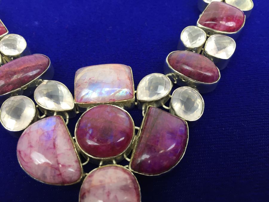 Statement Piece - Sterling Silver Moonstone And Rose Quartz Necklace With Matching Earrings [Photo 10]