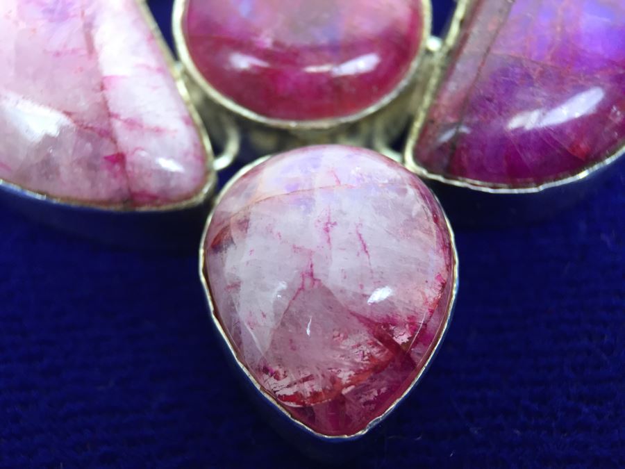 Statement Piece - Sterling Silver Moonstone And Rose Quartz Necklace With Matching Earrings [Photo 12]