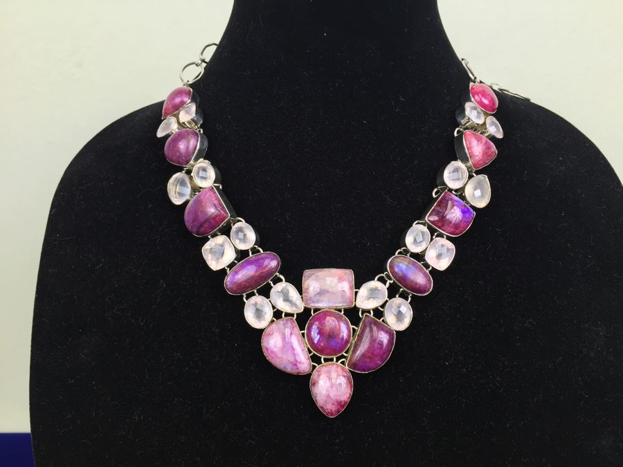 Statement Piece - Sterling Silver Moonstone And Rose Quartz Necklace With Matching Earrings [Photo 4]