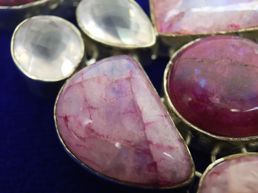 Statement Piece - Sterling Silver Moonstone And Rose Quartz Necklace With Matching Earrings [Photo 15]