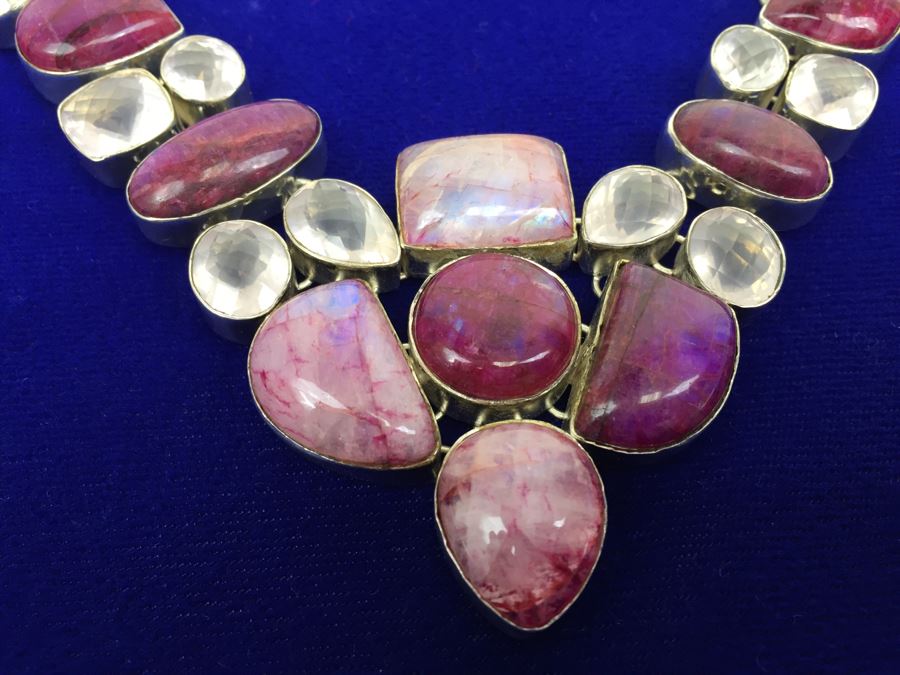 Statement Piece - Sterling Silver Moonstone And Rose Quartz Necklace With Matching Earrings [Photo 7]