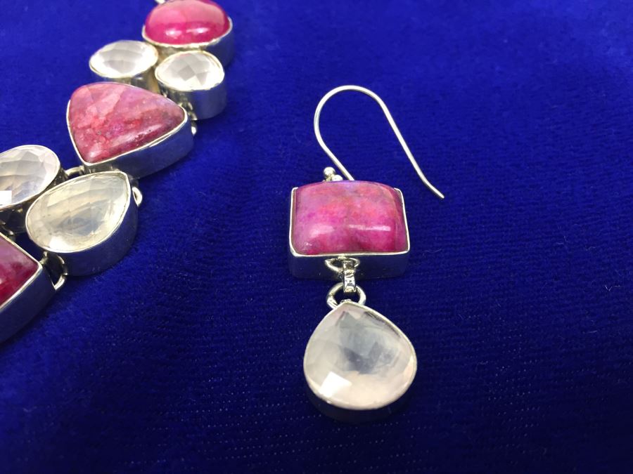 Statement Piece - Sterling Silver Moonstone And Rose Quartz Necklace With Matching Earrings [Photo 32]