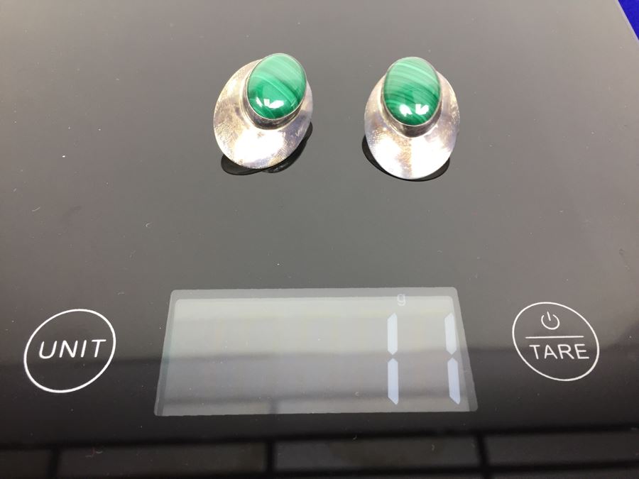 Vintage Sterling Silver Malachite Pierced Earrings 11g [Photo 9]