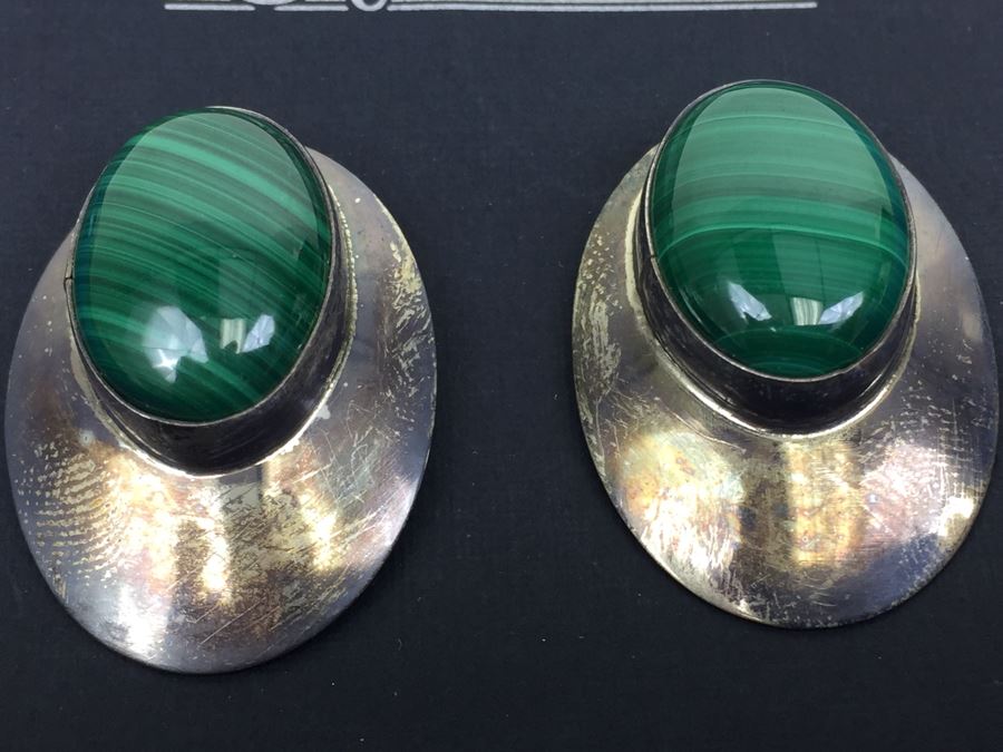 Vintage Sterling Silver Malachite Pierced Earrings 11g [Photo 4]