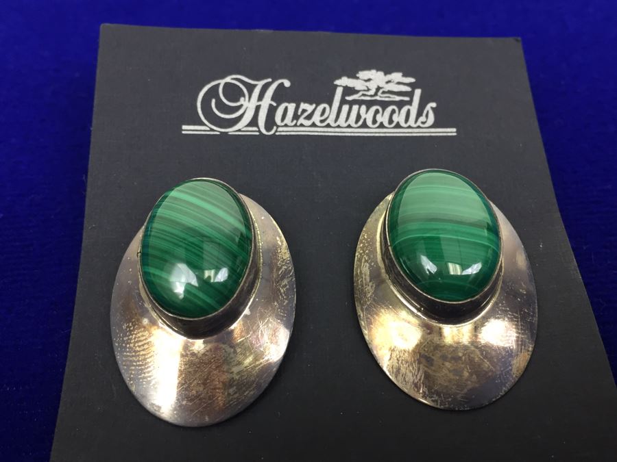 Vintage Sterling Silver Malachite Pierced Earrings 11g