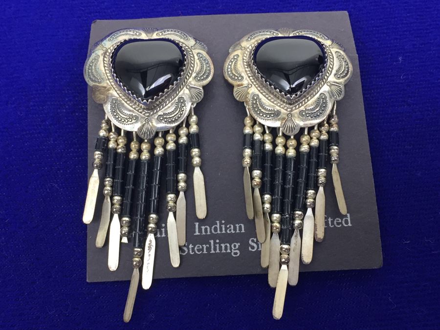 Sterling Silver And Black Onyx Native American Pierced Earrings