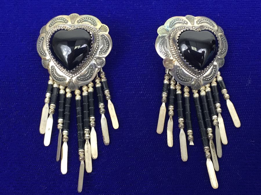 Sterling Silver And Black Onyx Native American Pierced Earrings [Photo 2]
