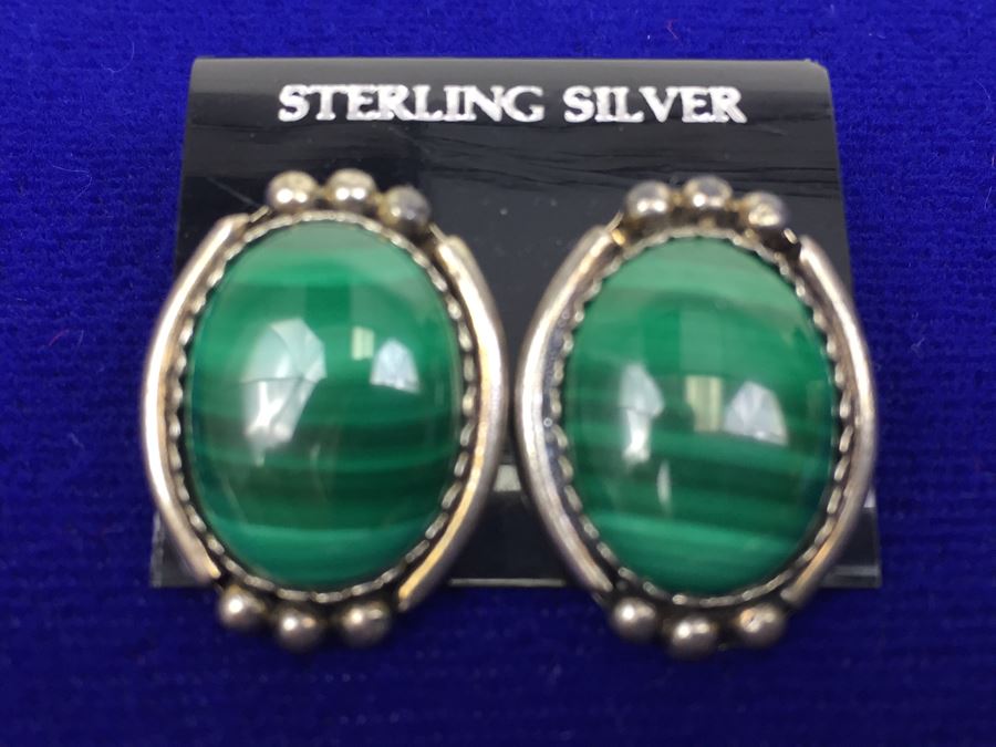 Sterling Silver And Malachite Pierced Earrings