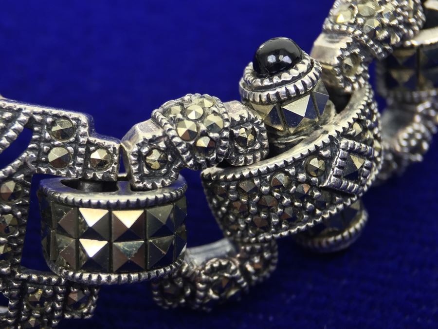 Vintage Sterling Silver Marcasite, Moonstone, Black Onyx Bracelet Signed Sterling JJ Judith Jack [Photo 9]