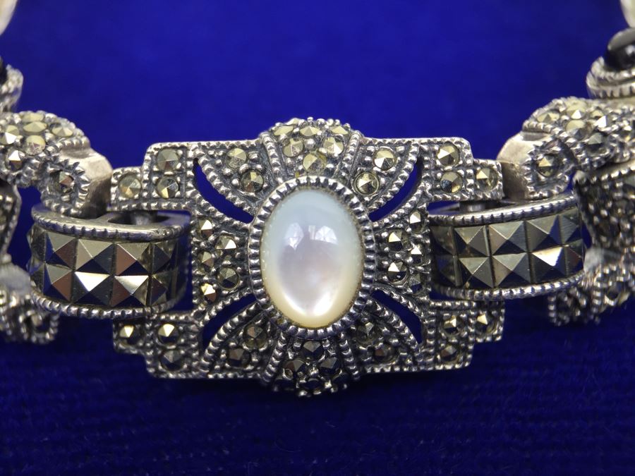 Vintage Sterling Silver Marcasite, Moonstone, Black Onyx Bracelet Signed Sterling JJ Judith Jack [Photo 4]