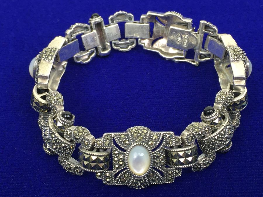Vintage Sterling Silver Marcasite, Moonstone, Black Onyx Bracelet Signed Sterling JJ Judith Jack