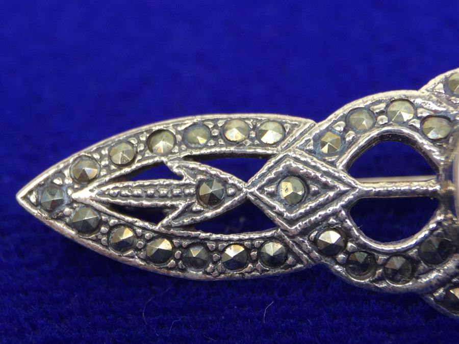 Vintage Sterling Silver Marcasite And Black Onyx Brooch Signed Sterling TH 925 MT [Photo 7]