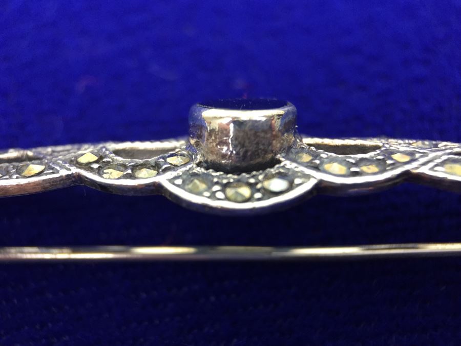 Vintage Sterling Silver Marcasite And Black Onyx Brooch Signed Sterling TH 925 MT [Photo 14]
