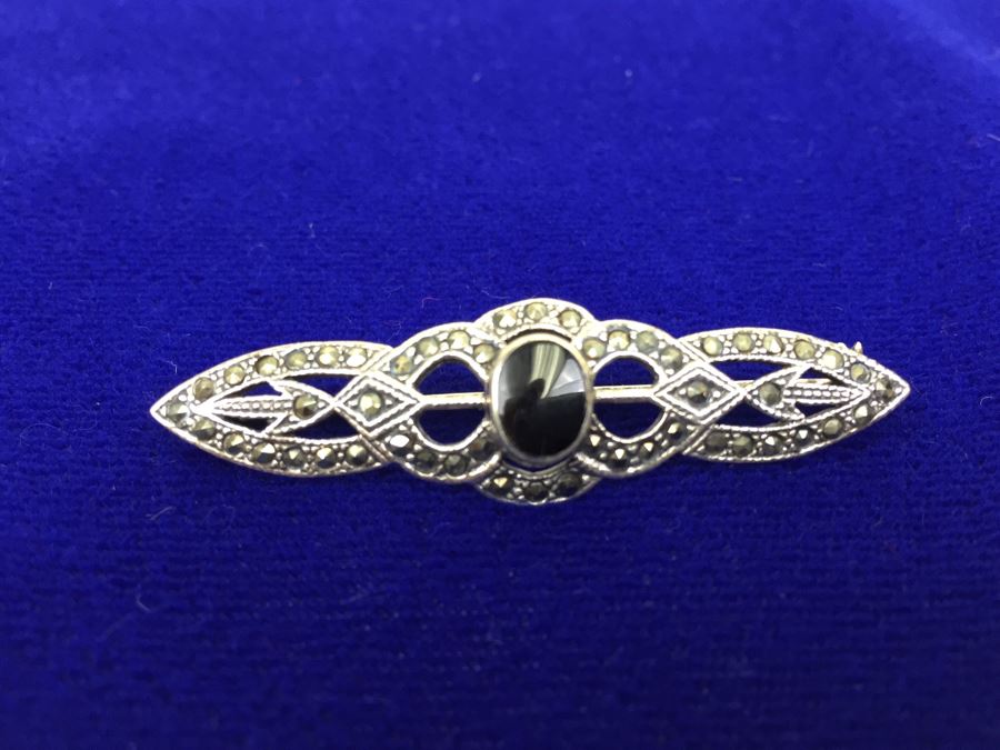 Vintage Sterling Silver Marcasite And Black Onyx Brooch Signed Sterling TH 925 MT [Photo 13]