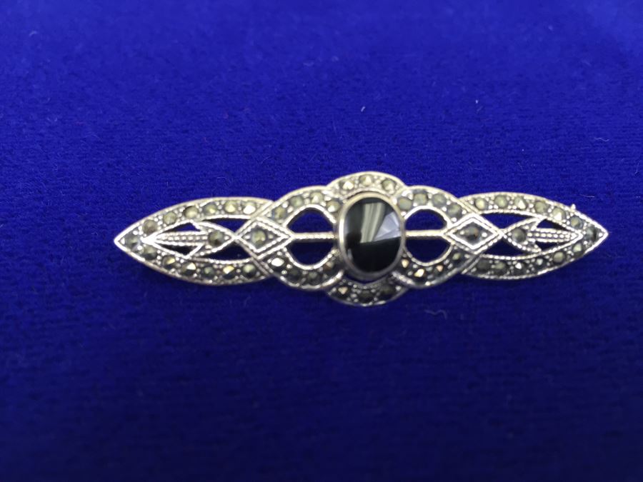 Vintage Sterling Silver Marcasite And Black Onyx Brooch Signed Sterling TH 925 MT [Photo 5]