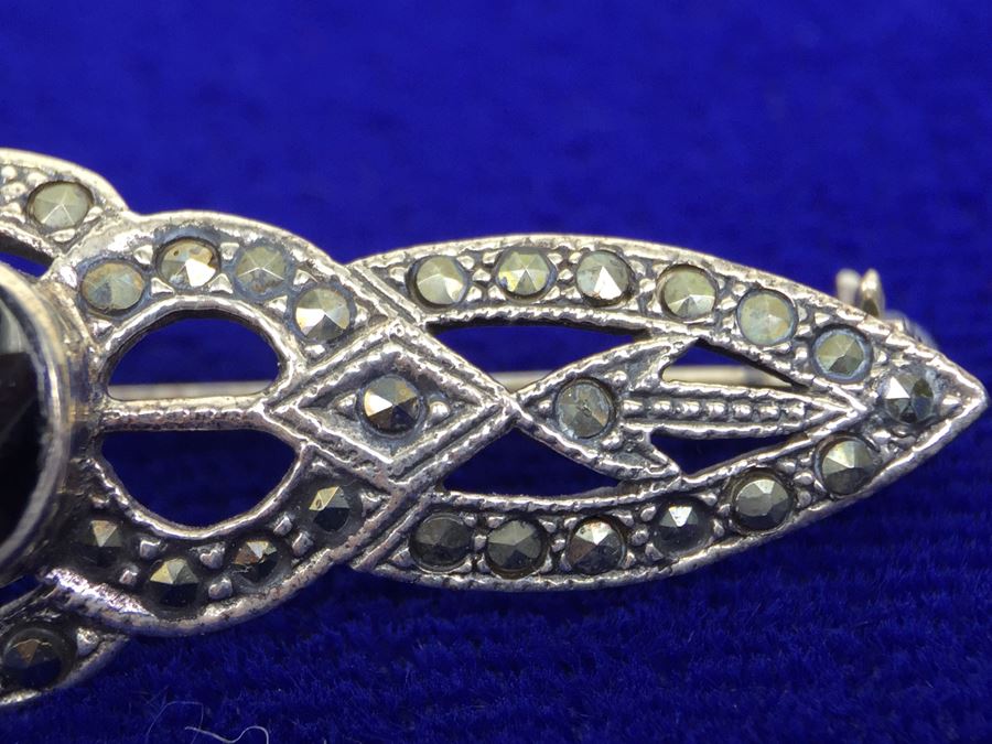 Vintage Sterling Silver Marcasite And Black Onyx Brooch Signed Sterling TH 925 MT [Photo 8]