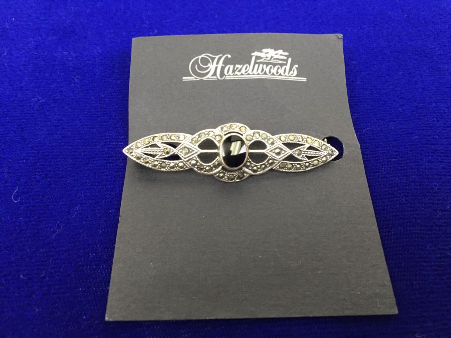 Vintage Sterling Silver Marcasite And Black Onyx Brooch Signed Sterling TH 925 MT