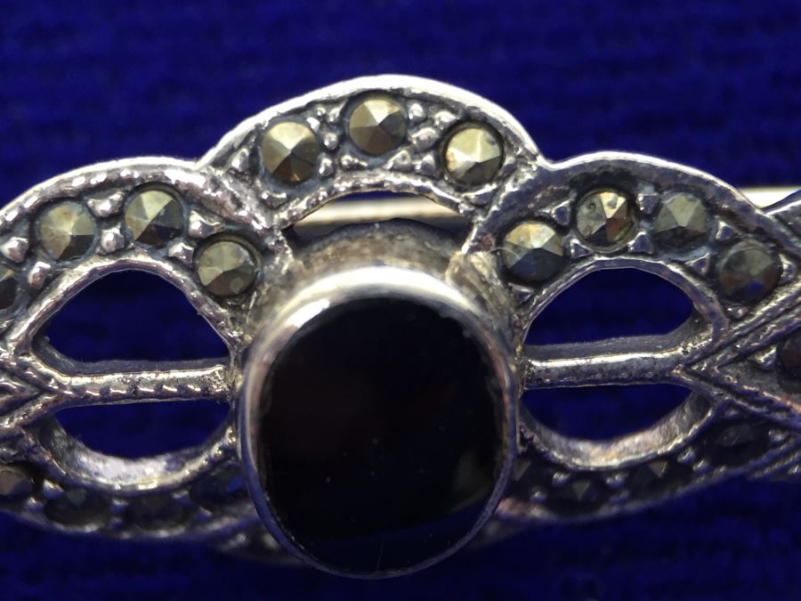 Vintage Sterling Silver Marcasite And Black Onyx Brooch Signed Sterling TH 925 MT [Photo 9]