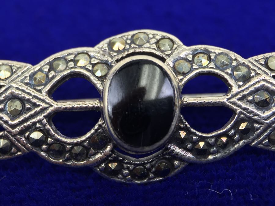 Vintage Sterling Silver Marcasite And Black Onyx Brooch Signed Sterling TH 925 MT [Photo 6]
