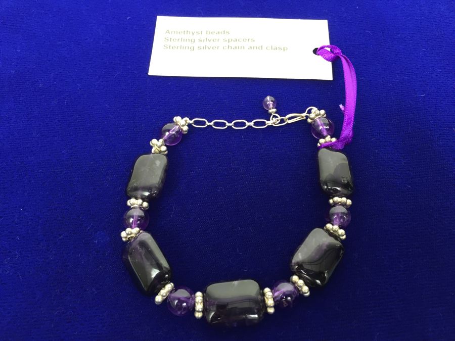 Amethyst Beads Accented With Sterling Silver Bracelet
