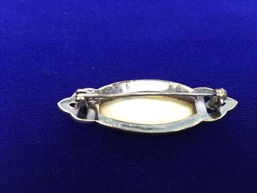 Vintage Sterling Silver Marcasite And Mother Of Pearl Brooch Signed 925 MT TH 8g [Photo 2]