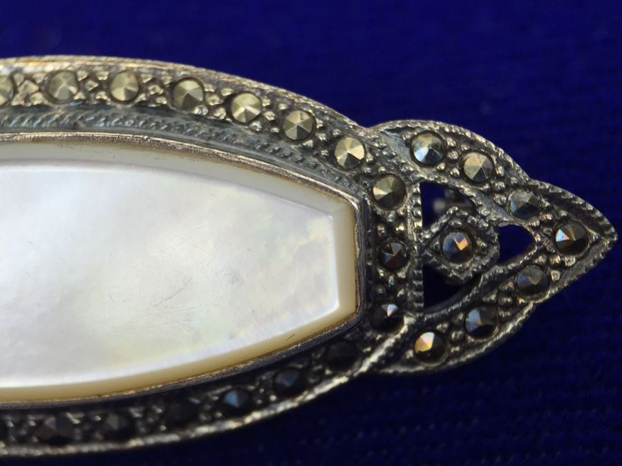Vintage Sterling Silver Marcasite And Mother Of Pearl Brooch Signed 925 MT TH 8g [Photo 8]