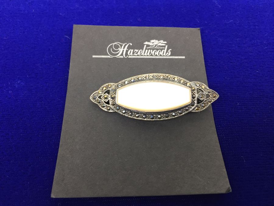 Vintage Sterling Silver Marcasite And Mother Of Pearl Brooch Signed 925 MT TH 8g [Photo 4]