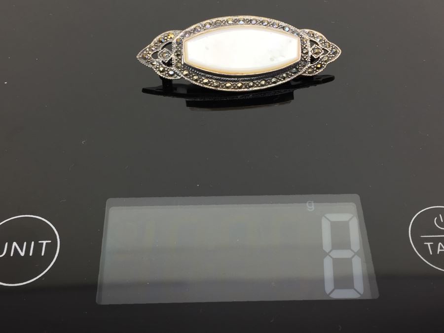 Vintage Sterling Silver Marcasite And Mother Of Pearl Brooch Signed 925 MT TH 8g [Photo 14]