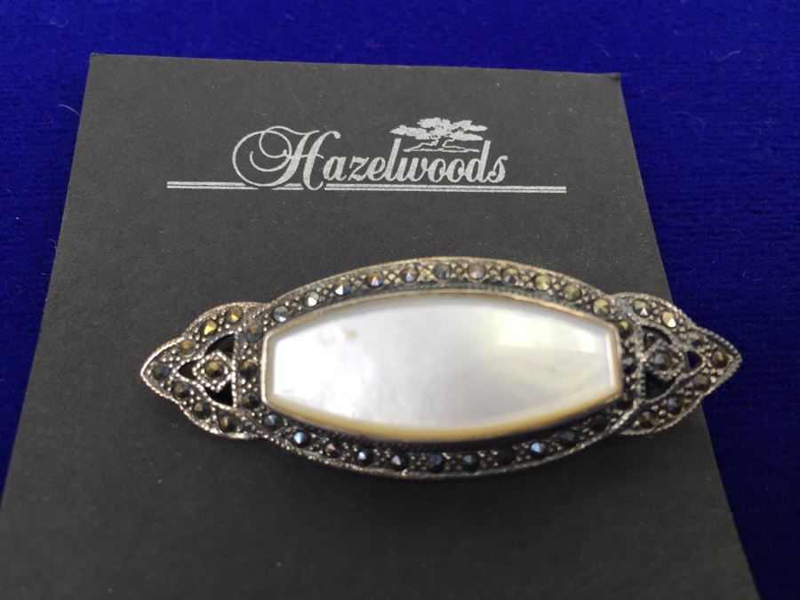 Vintage Sterling Silver Marcasite And Mother Of Pearl Brooch Signed 925 MT TH 8g [Photo 5]