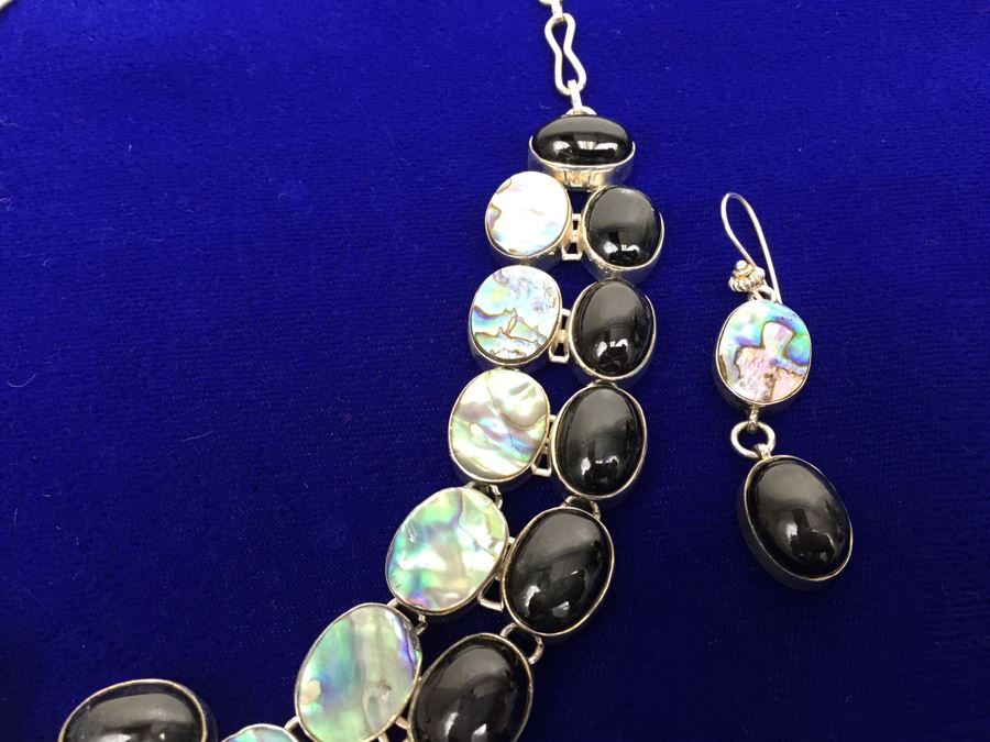 Sterling Silver Abalone And Black Onyx Statement Necklace And Earrings 154g [Photo 5]