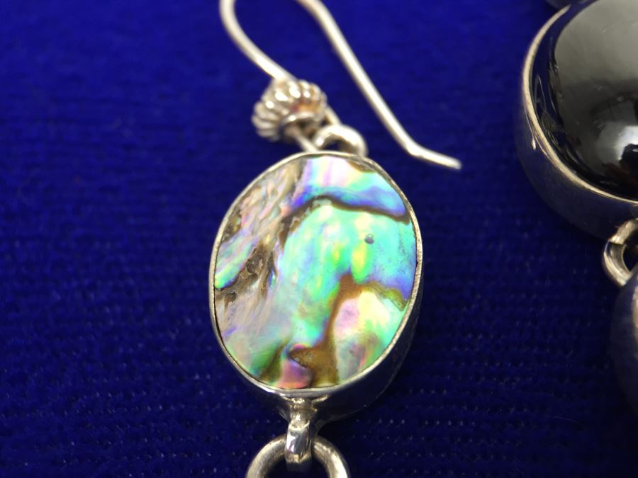 Sterling Silver Abalone And Black Onyx Statement Necklace And Earrings 154g [Photo 12]