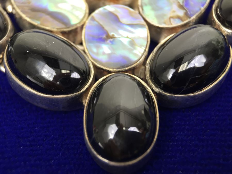 Sterling Silver Abalone And Black Onyx Statement Necklace And Earrings 154g [Photo 7]