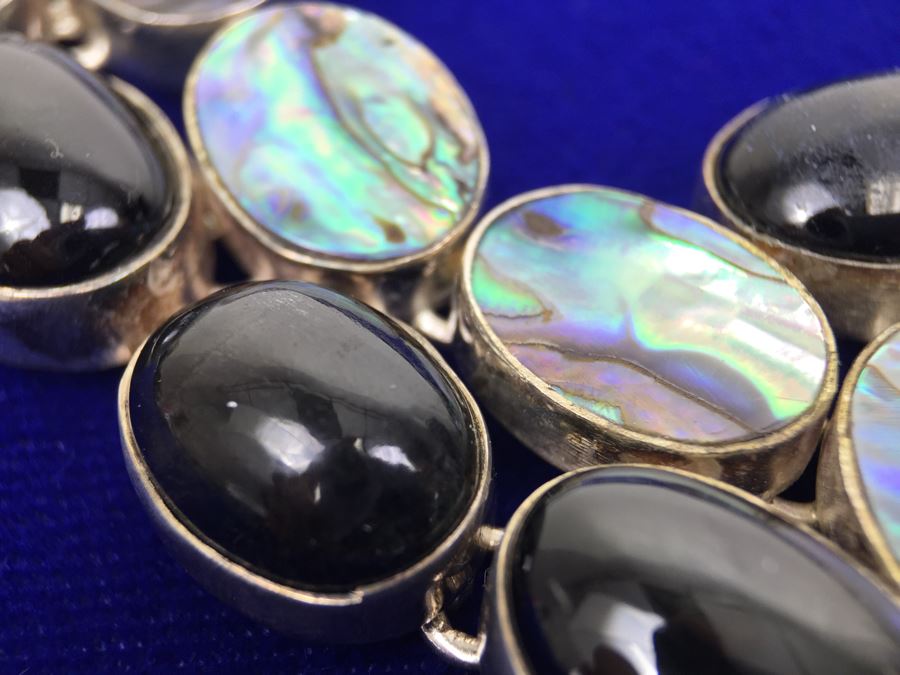 Sterling Silver Abalone And Black Onyx Statement Necklace And Earrings 154g [Photo 10]