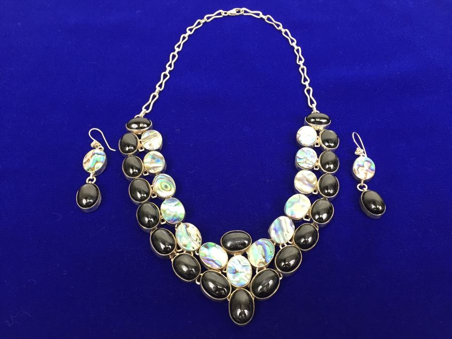 Sterling Silver Abalone And Black Onyx Statement Necklace And Earrings 154g [Photo 2]