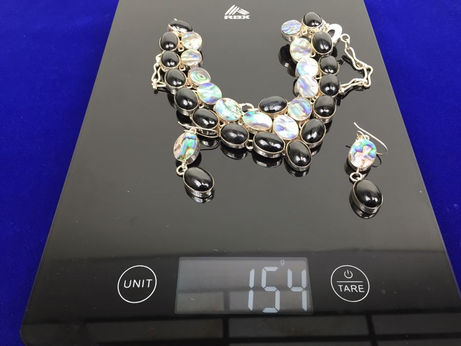 Sterling Silver Abalone And Black Onyx Statement Necklace And Earrings 154g [Photo 16]