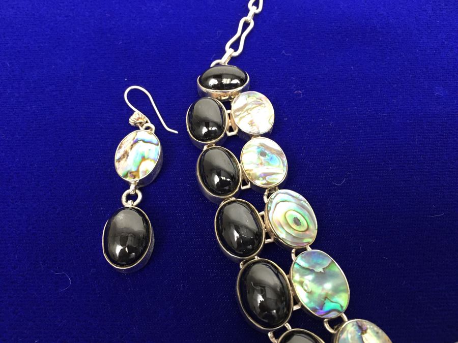 Sterling Silver Abalone And Black Onyx Statement Necklace And Earrings 154g [Photo 6]