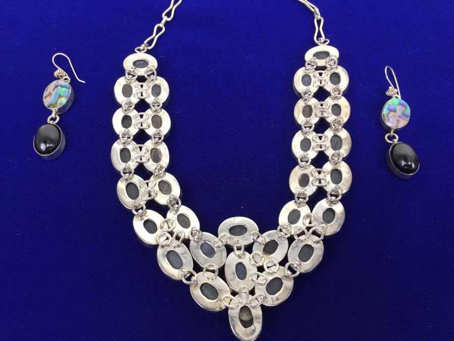 Sterling Silver Abalone And Black Onyx Statement Necklace And Earrings 154g [Photo 15]