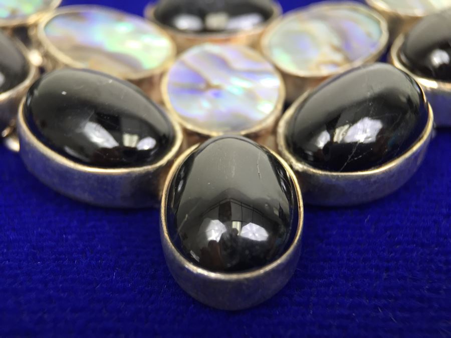 Sterling Silver Abalone And Black Onyx Statement Necklace And Earrings 154g [Photo 8]